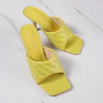 Sexy PU dimanta Kvadrātveida galvu Peep Toe augstpapēžu sandales Vasaras Modes Paslīdēt Uz Plānas Papēžiem sandales Sieviešu Mūļu Puse