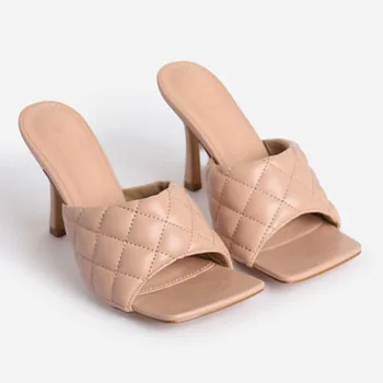 Sexy PU dimanta Kvadrātveida galvu Peep Toe augstpapēžu sandales Vasaras Modes Paslīdēt Uz Plānas Papēžiem sandales Sieviešu Mūļu Puse