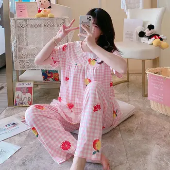 Kawaii Pidžamu Sievietes Ir 2021. Pavasara Pyjama Femme Sleepwear Kopumu, Sieviešu Mājas Apģērba Karikatūra Ziedu Drukāt Pidžamas Lielo Izmēru