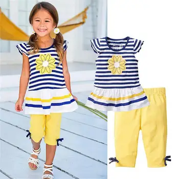 Vasaras Meiteņu Apģērbu Komplekti, Bērnu Bērnu Apģērbu Tērps Bērniem Svītrainām Piedurknēm T-Krekls +Bikses roupas infantil meninas