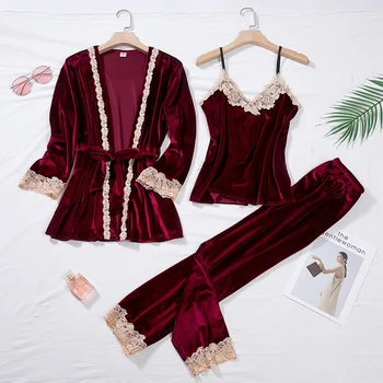 Zaļā Velūra Pidžamas Tērps Sievietēm 2GAB Drēbes Naktskrekls Uzstādīt Sleepwear Lady Ziemas Samta Silts Mežģīnes Folwer Peldmētelis Kimono Kleita M-XL