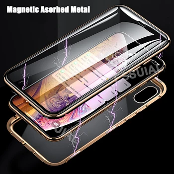 360 Pilna Metāla Magnētiskās Lietā Par iPhone 11 Pro XS Max X XR 6 7 8 Plus Double-Sided Rūdīts Stikls Magnēts Adsorbcijas Tālruņa Vāciņu