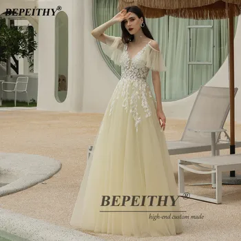BEPEITHY-Line Šampanieti Vakara Kleita Balta Mežģīņu Ziedu Elegants Noņemamas Piedurknes Ilgi Prom Kleita Kāzu svinības Sievietēm 2020