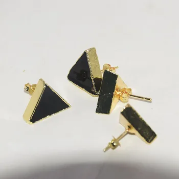Dabas Black Obsidian Akmens trīsstūris stud auskari sievietēm 2020. gadam, piekariņi, zelta plating bezel gem akmeņu rotaslietas, sieviešu jauki