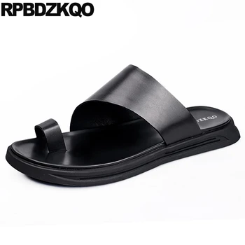 Melns paslīdēt uz pirksta cilpa dizainers open vīriešu sandales ar ādas vasaras āra slaidi kurpes 2019 ūdensizturīgs modes čības ūdens
