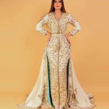 Luksusa Izšuvumi Marokas Kaftan Pasūtījuma Izgatavotu Zelta Fāzēm Sirēna Vakara Kleita Ar Overskirt Ilgi Sievietes, Dubaija Islāma Kleitas