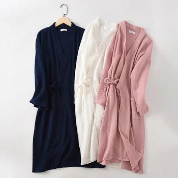 Pāri Kokvilnas, Krepa Marli Peldmētelis Kimono Cietā Drēbes ar garām Piedurknēm V-veida kakla Sieviešu Drēbes Pavasara Vasaras Mīksto Dāmas Sleepwear