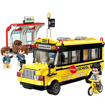 Apgaismo Celtniecības Bloku Krāsains Pilsētas Pacilāt Skolas Autobusu 4 Skaitļi 440pcs Izglītības Ķieģeļi Rotaļlietas meitenēm Dāvanu
