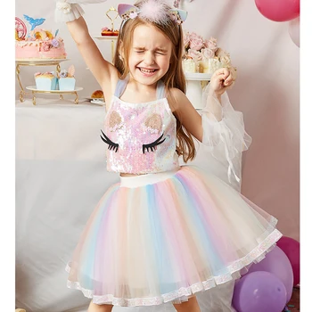 Ir 2021. Pavasara Vasaras Meiteņu Apģērbu Komplekti Sequined Topi+Varavīksnes Acs Svārki 2gab Uzvalks Princese Toddler Baby Kids Bērnu Apģērbu