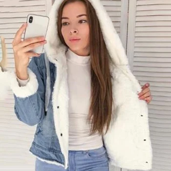 Kažokādas džinsu jaka sievietēm kapuci īso rudens ziemas sieviešu džinsa jaka, mētelis plus lieluma gadījuma silts sieviešu mētelis outwear 2020. gadam DR2335