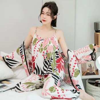 Iespiests Ziedu 2GAB Drēbes Uzvalku Sexy Dāmu Sleepwear Peldmētelis Kimono Kleita Kokvilnas Zaudēt 3PCS Intīmas Apakšveļa Vasaras Naktskrekls