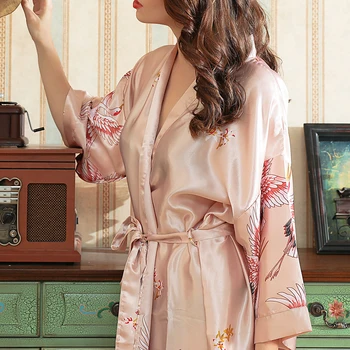 Nightdress Satīna Zīda Kimono, Peldmētelis Sievietēm Līgavas Kāzu Tērpu Kleita Kleita Sexy Drukāšanas Ilgi, Seksīgas Pidžamas Sleepwear