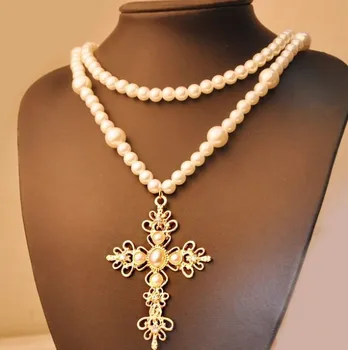 Jauns Dizains, Vintage Modes Pearl Cross Kuloni Ilgi, Kaklarota, Rotaslietas, Sieviešu Kleitu Aksesuārs