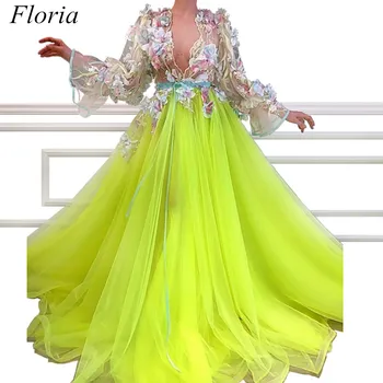 Jauno Dzelteno Elegants Ilgi arābu Celebrity Kleitas 2019 3D Ziedi garām Piedurknēm Ilūziju Tilla Vakarā Sarkanā Paklāja Puse Kleitas