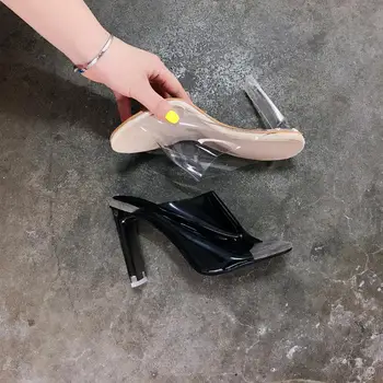 Jaunas Vasaras Kurpes augstpapēžu kurpes Sexy PVC Peep Toe Kristālu Bloku Papēdis Sandales Paslīdēt Uz Čības Sievietēm
