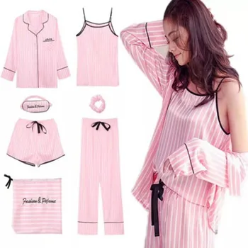 Rozā Striped Pajamas Zīda Satīna Femme Pidžamas Komplekts 7 Gabali Dūriens apakšveļa, Drēbes Sieviešu pidžamas Sleepwear pjs satīna pidžamas