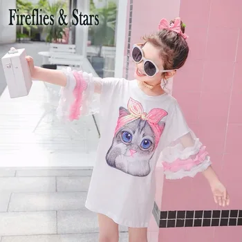Vasarā meitenes kleita baby tee kleita bērnu modes streetwear Bērniem vestidos sequin kaķis plāksteri acu puff piedurknēm no 4 līdz 14 gadiem