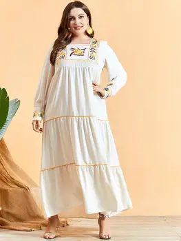 Siskakia Rudenī 2020. Gadam Jauna Maxi Kleita Sievietēm Eleganto Balto Etniskā Izšuvumi arābu Drēbes Laukumā Apkakli, garām Piedurknēm Impērijas Šūpoles