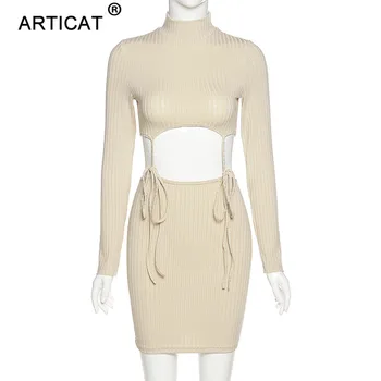 Articat Salātu Dobi No O Kakla Aukliņu Kleita Sievietēm Cietā Long Sleeve Mini Kleitas Izdilis Partywear Sieviešu Vestidos