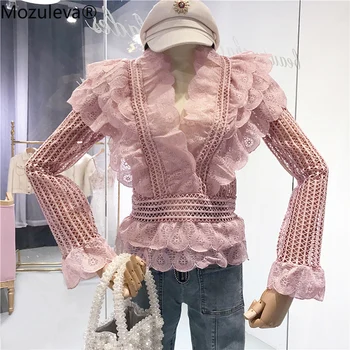Mozuleva Skrejceļa Sieviešu Rozā Slāņi Ruffles Krekls Blusas Pavasara Modes Mežģīnes Dobi No Dāmas V Kakla Blūze Slim Izlīdzināšanu Piedurknēm Augšu
