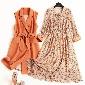 Jaunu 2019 rudens sieviešu šifona kleita, uzvalks loku apkakles print-line kleitas dubultā krūtīm ilgi veste divas gabals, kas plus lieluma