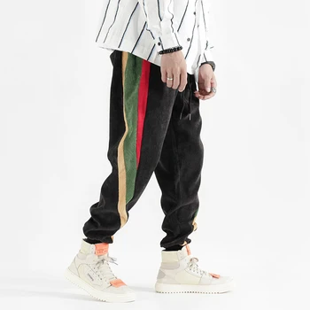 Rudens Modes Gadījuma Velveta Bikses Vīriešu Loose Fit Krāsains Svītru Savienoti ar Kravas Bikses Liels Izmērs M-5XL Streetwear Hip Hip Joggers