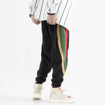 Rudens Modes Gadījuma Velveta Bikses Vīriešu Loose Fit Krāsains Svītru Savienoti ar Kravas Bikses Liels Izmērs M-5XL Streetwear Hip Hip Joggers