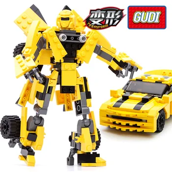 GUDI 2 in 1 Liels Robots, Dzeltens Auto, Bloki 584pcs Celtniecības Blokus Uzstādīt Ķieģeļi Samontēti Modeļi Izglītojošas Rotaļlietas Bērniem Dāvanu