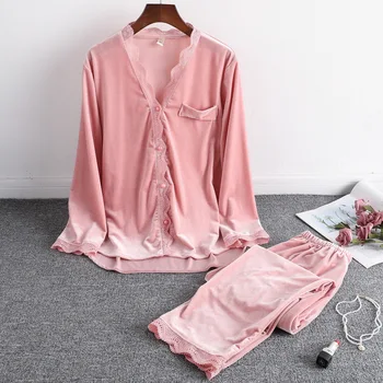 Lisacmvpnel Zelta Samta Saglabāt Siltu Sieviešu Pidžamas Komplekts Mežģīņu Sexy Garām Piedurknēm Uzvalks Pidžamas